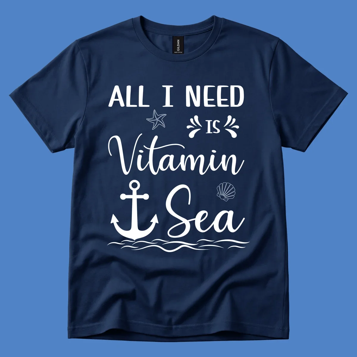 Vitamin sea cruise design with white anchor, starfish, seashell, and waves on gray background