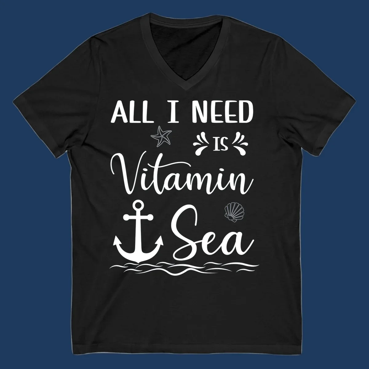 Vitamin sea cruise design with white anchor, starfish, seashell, and waves on gray background