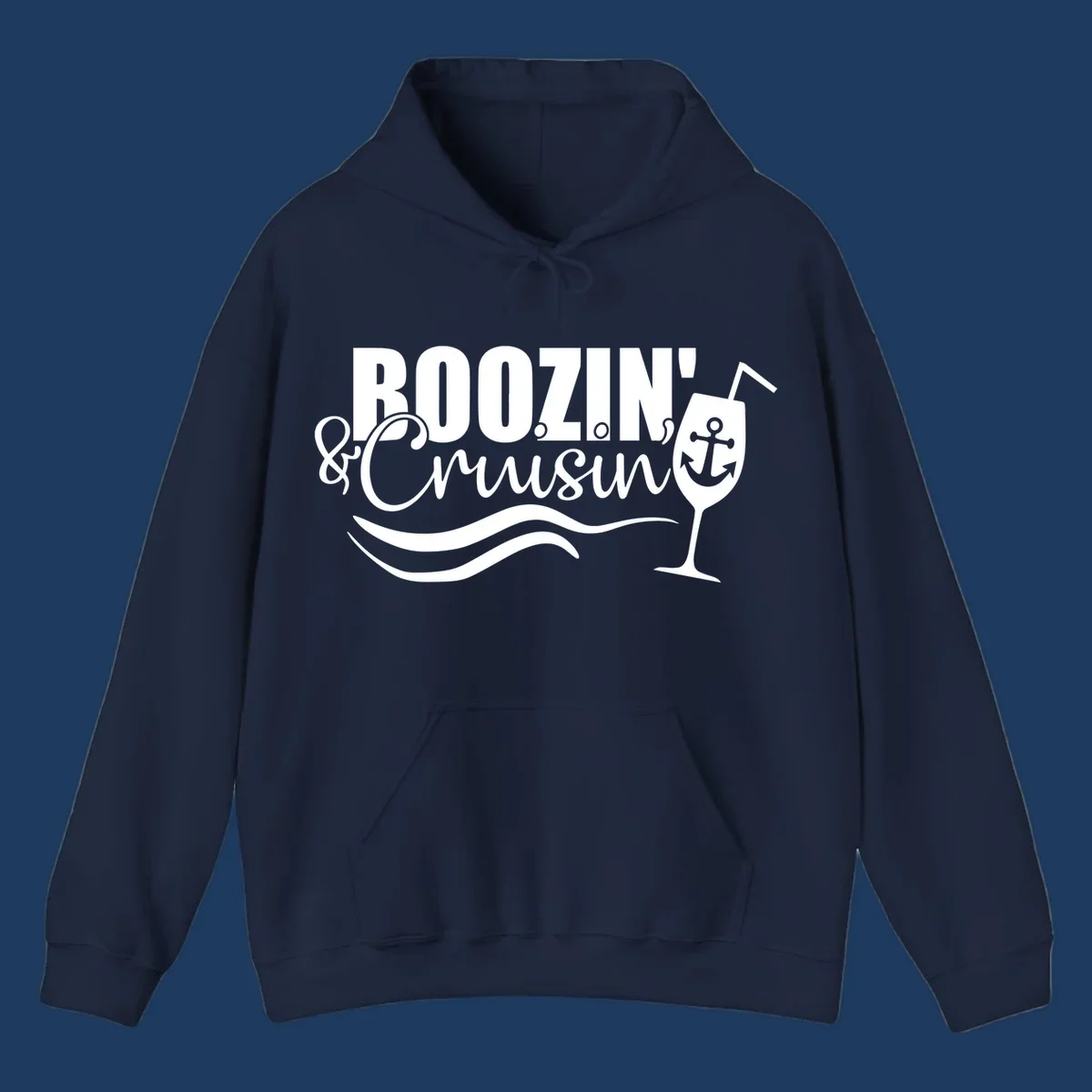 Boozin' & Cruising nautical design with anchor, wine glass, and ocean waves on gray background