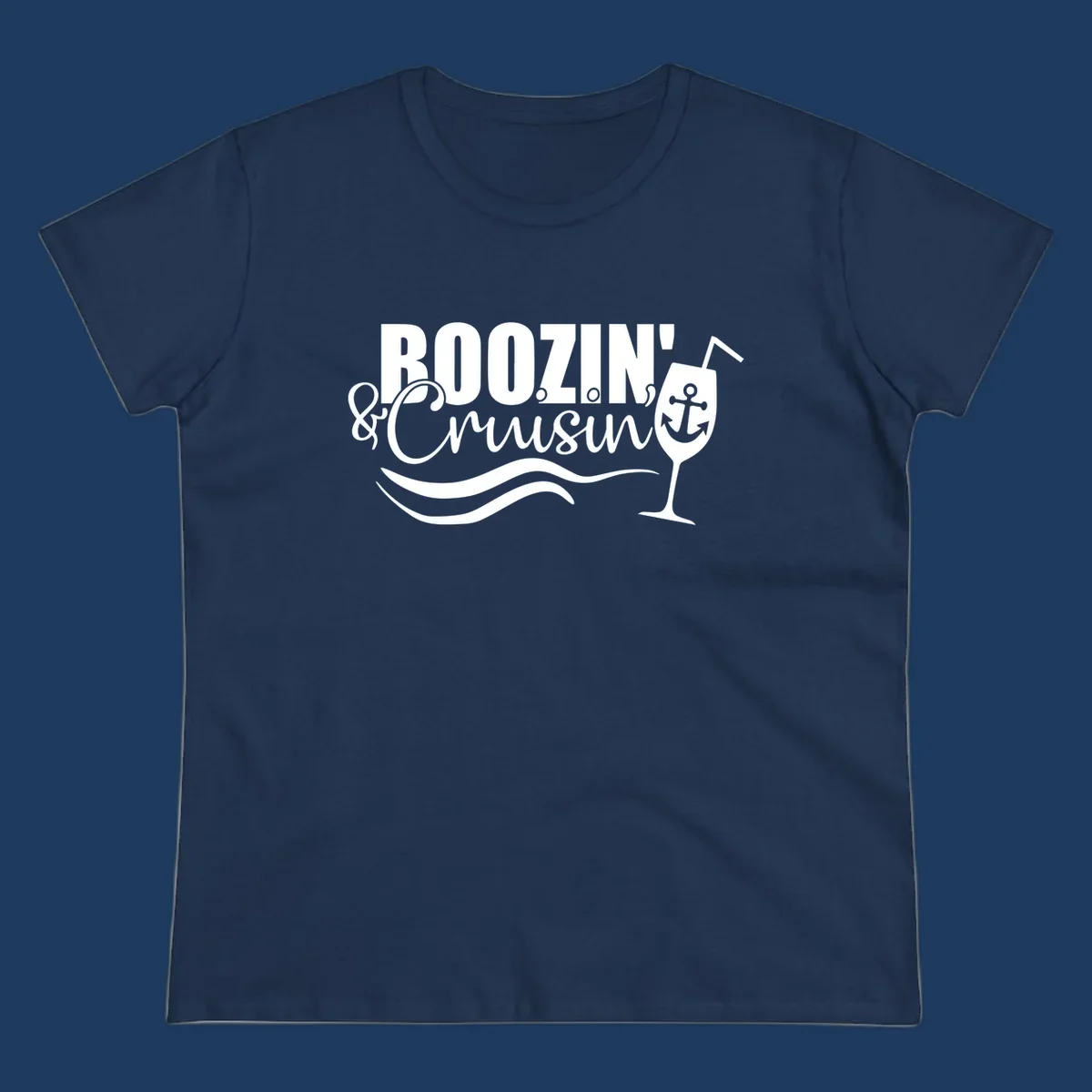 Boozin' & Cruising nautical design with anchor, wine glass, and ocean waves on gray background