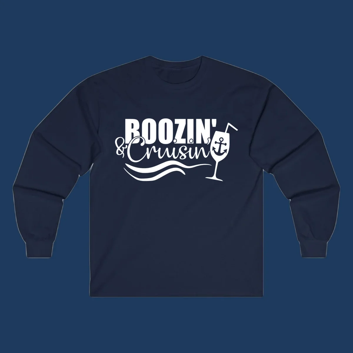 Boozin' & Cruising nautical design with anchor, wine glass, and ocean waves on gray background