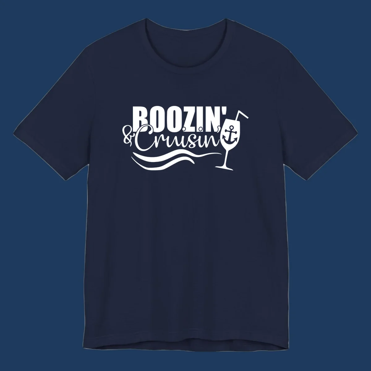 Boozin' & Cruising nautical design with anchor, wine glass, and ocean waves on gray background