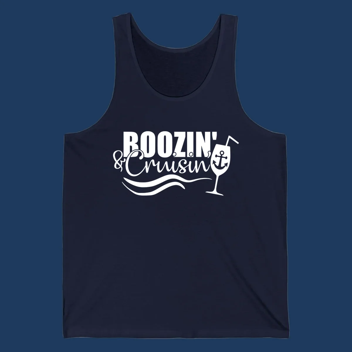 Boozin' & Cruising nautical design with anchor, wine glass, and ocean waves on gray background