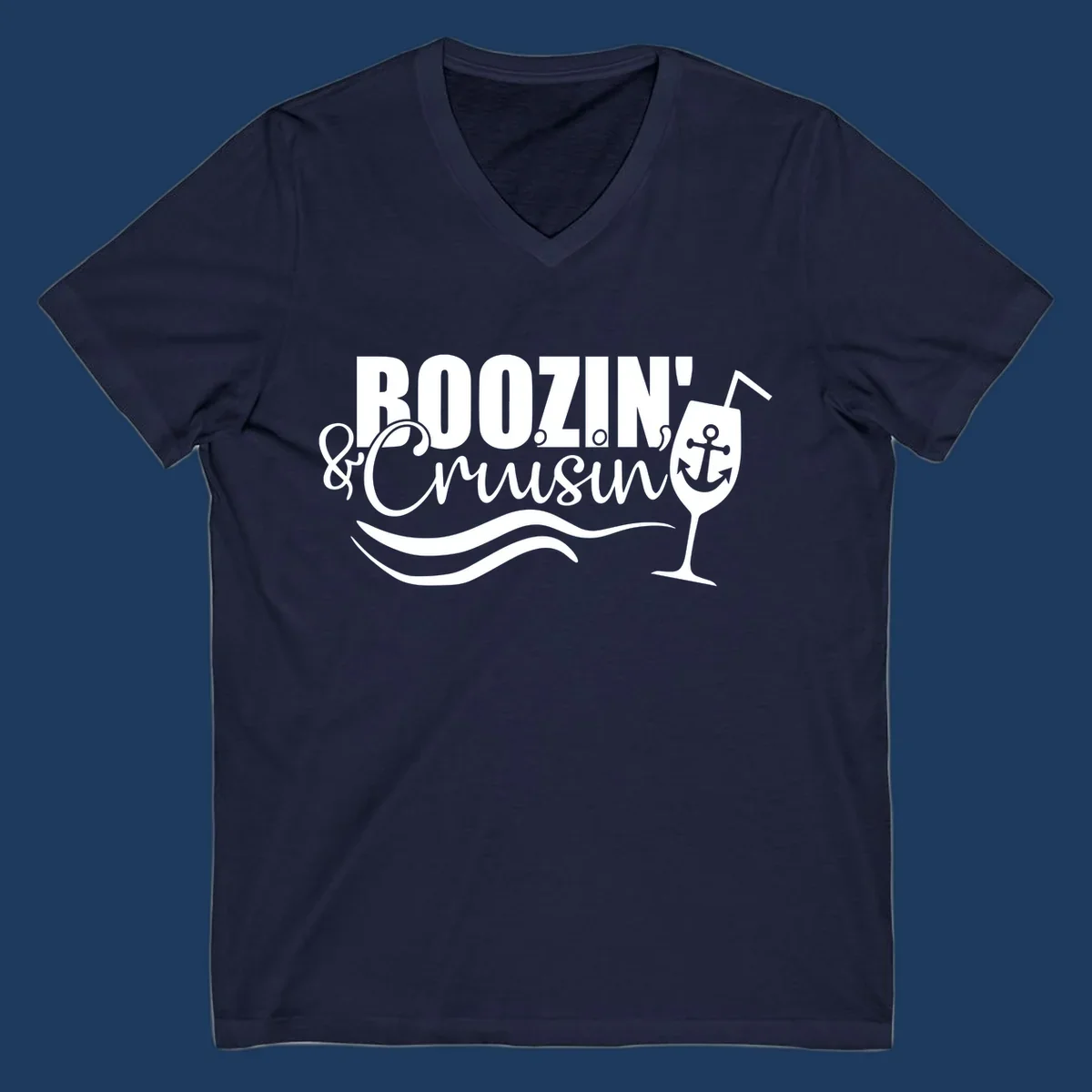 Boozin' & Cruising nautical design with anchor, wine glass, and ocean waves on gray background