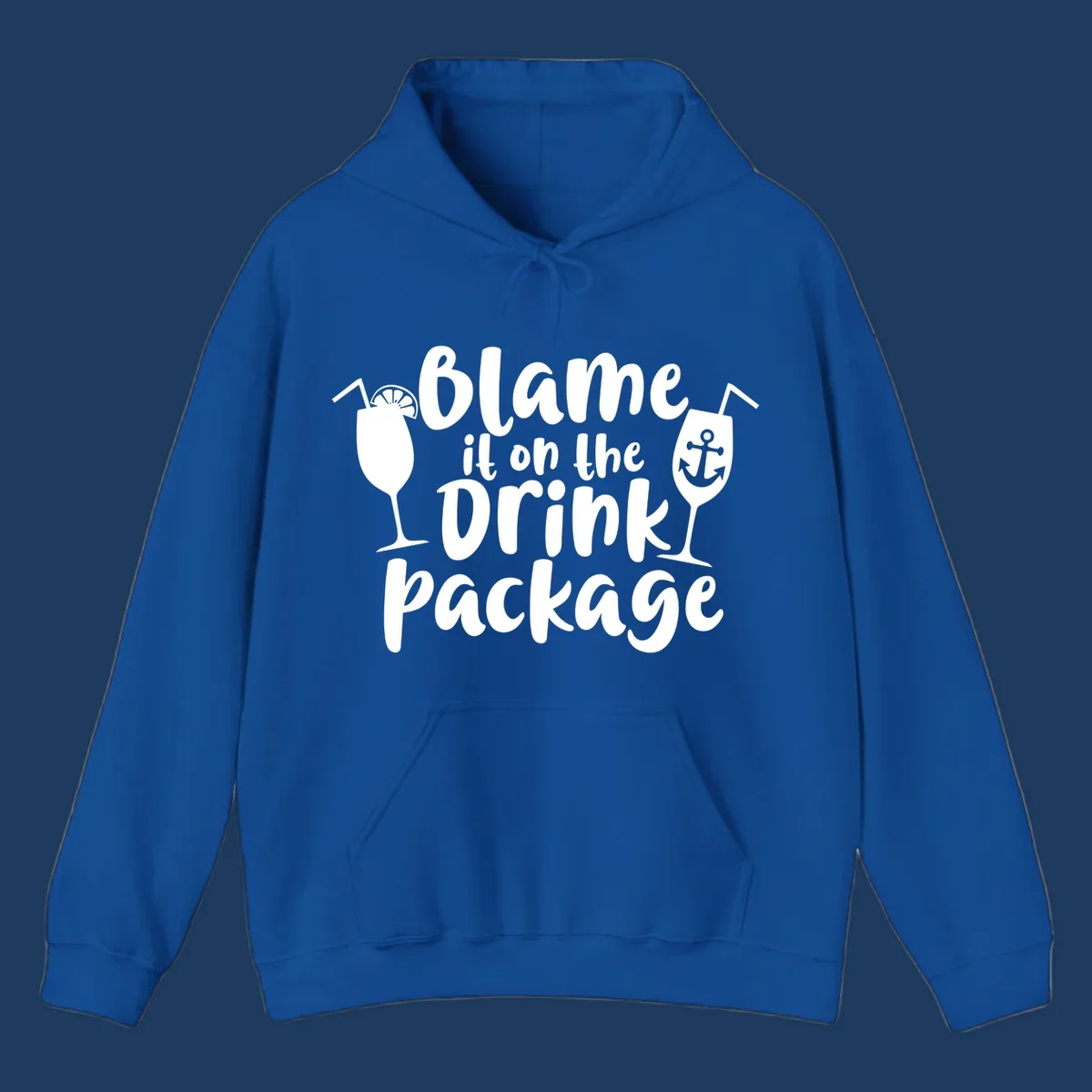 White text reading 'Blame it on the Drink Package' with cocktail and anchor graphics on gray background