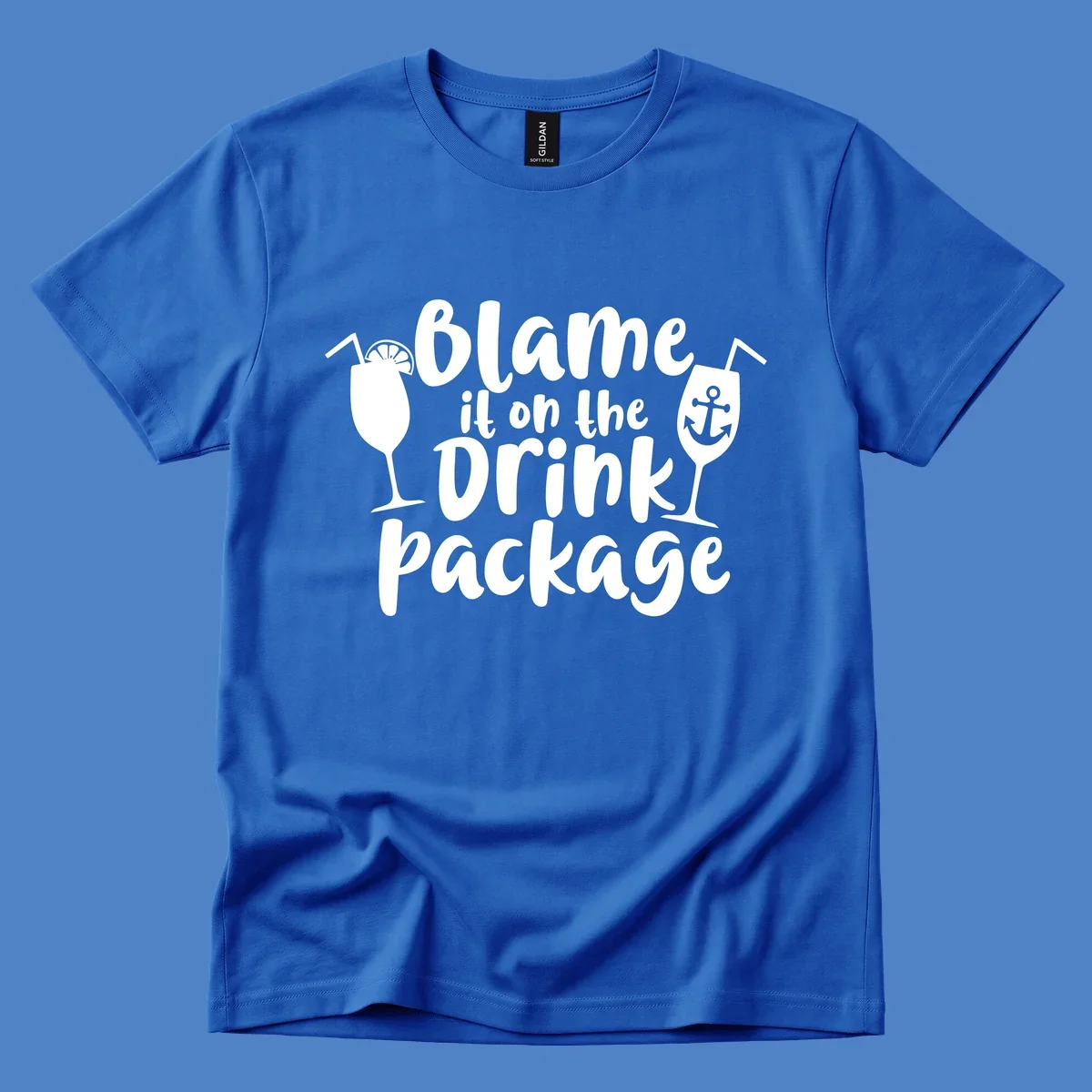 White text reading 'Blame it on the Drink Package' with cocktail and anchor graphics on gray background