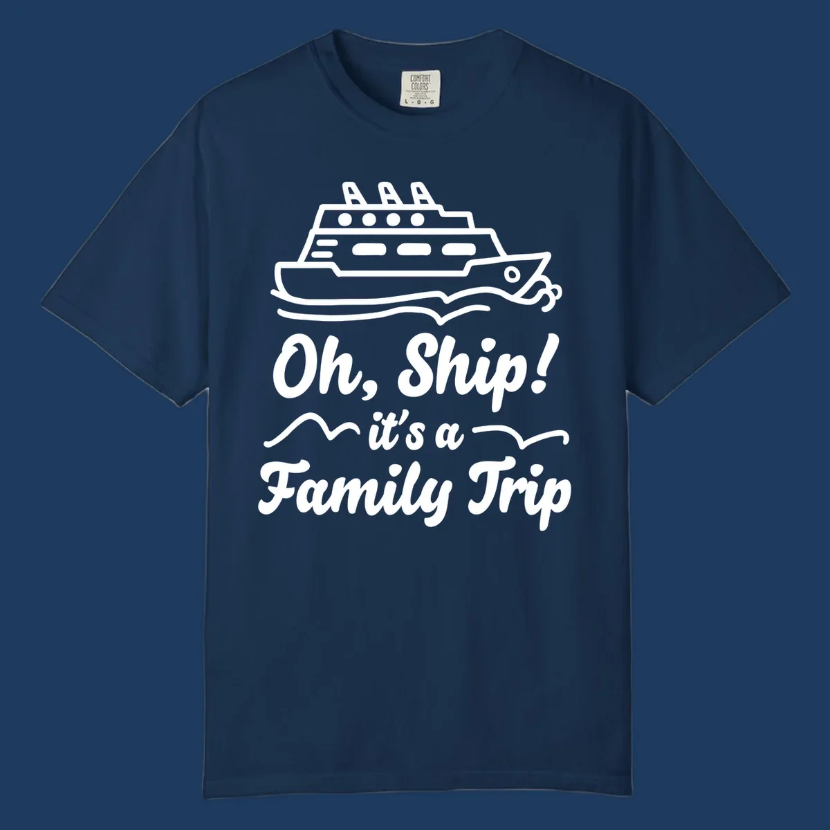Cruise ship illustration with ocean waves and text reading 'Oh, Ship! it's a Family Trip' - a funny nautical design for family vacations