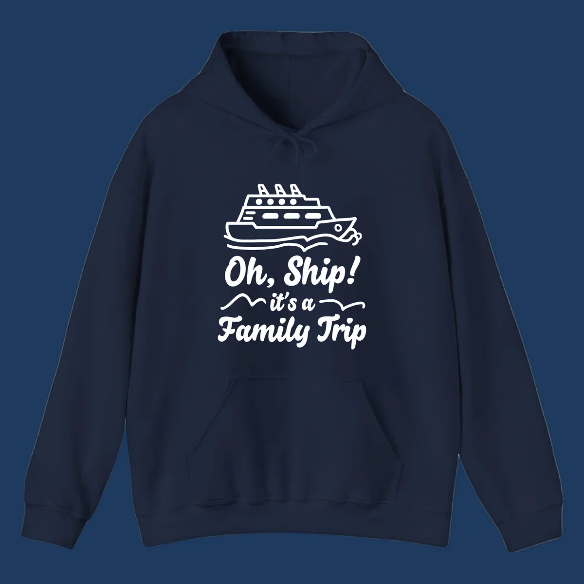 Cruise ship illustration with ocean waves and text reading 'Oh, Ship! it's a Family Trip' - a funny nautical design for family vacations