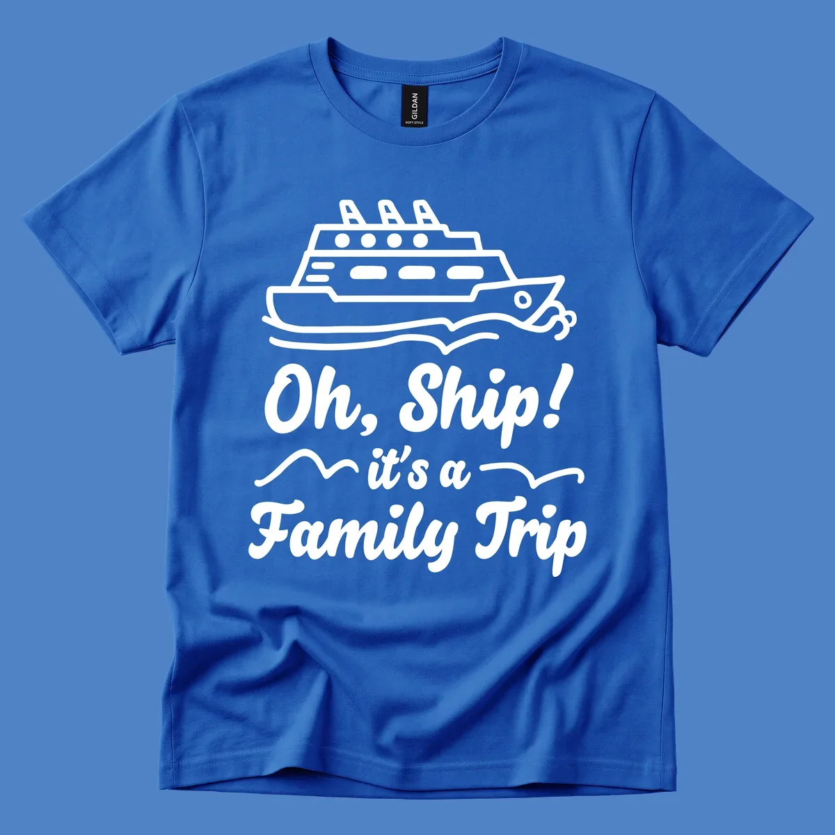 Cruise ship illustration with ocean waves and text reading 'Oh, Ship! it's a Family Trip' - a funny nautical design for family vacations