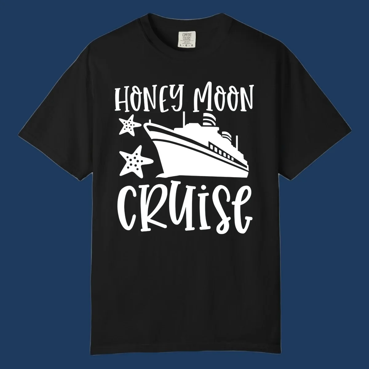 Honey moon cruise design with white cruise ship and starfish on gray background