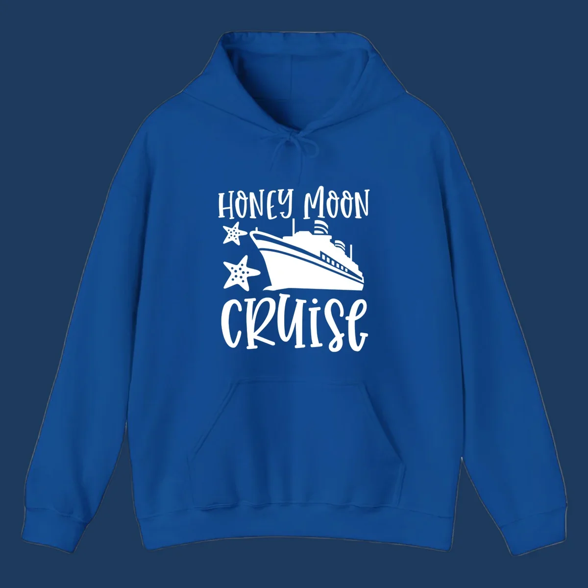 Honey moon cruise design with white cruise ship and starfish on gray background