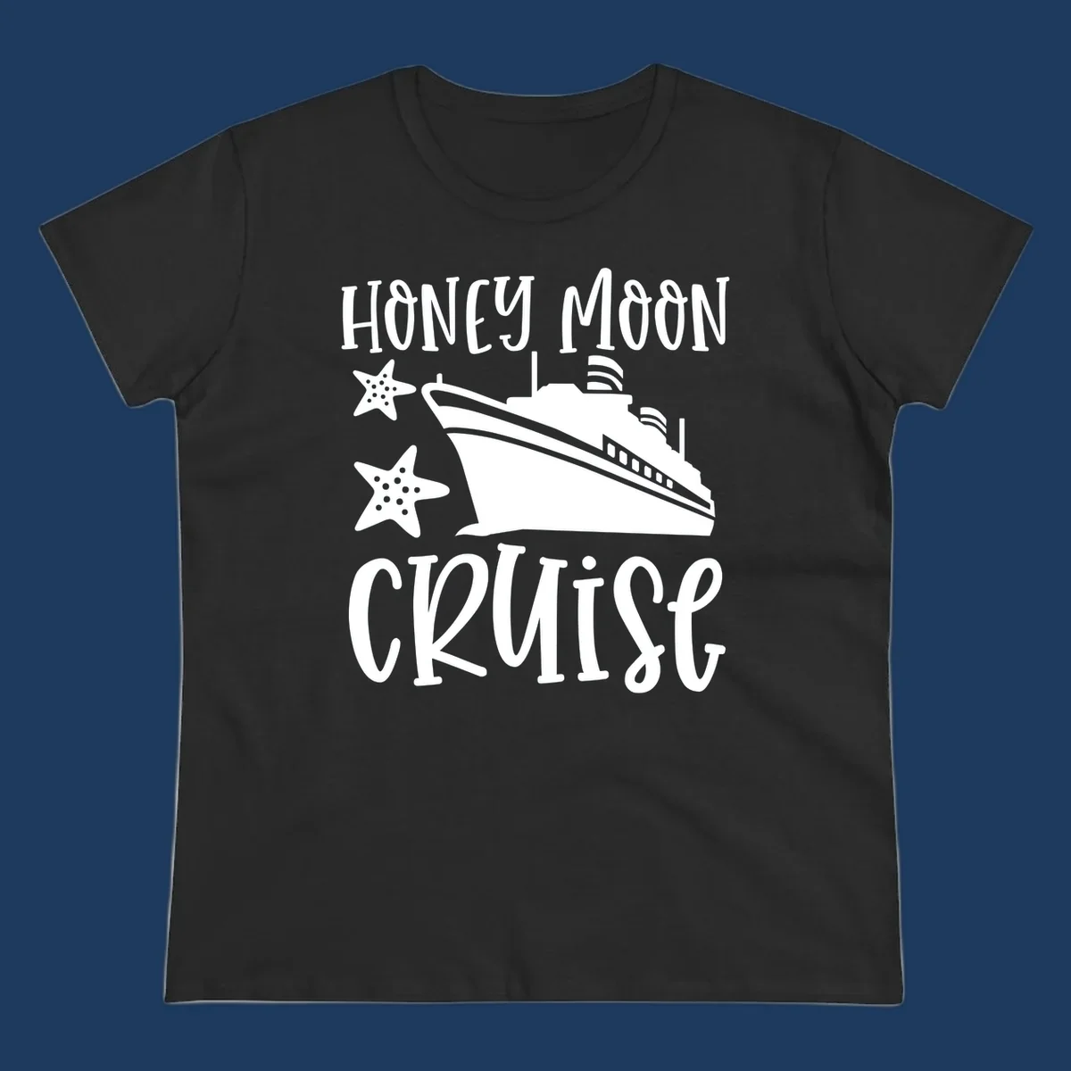 Honey moon cruise design with white cruise ship and starfish on gray background