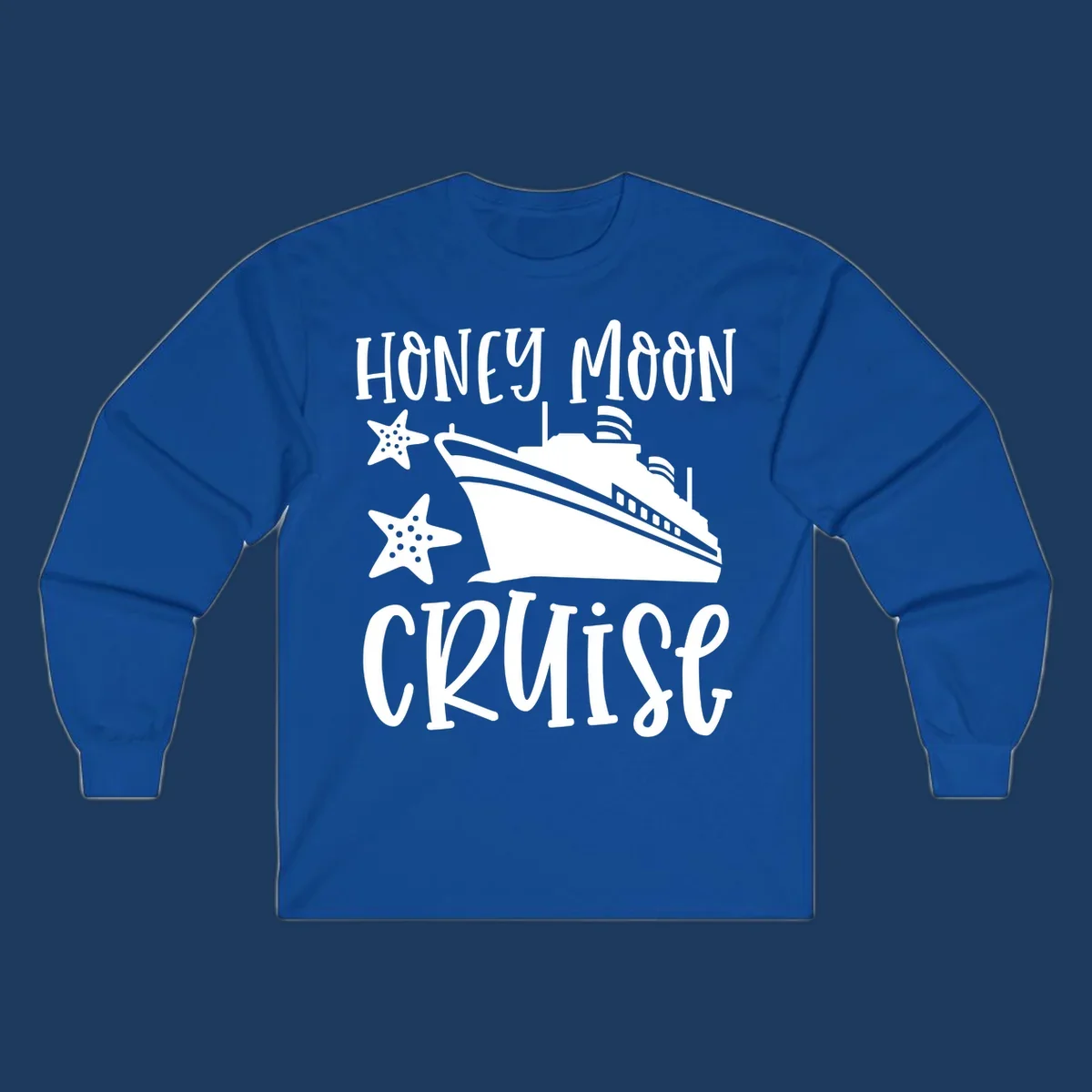 Honey moon cruise design with white cruise ship and starfish on gray background