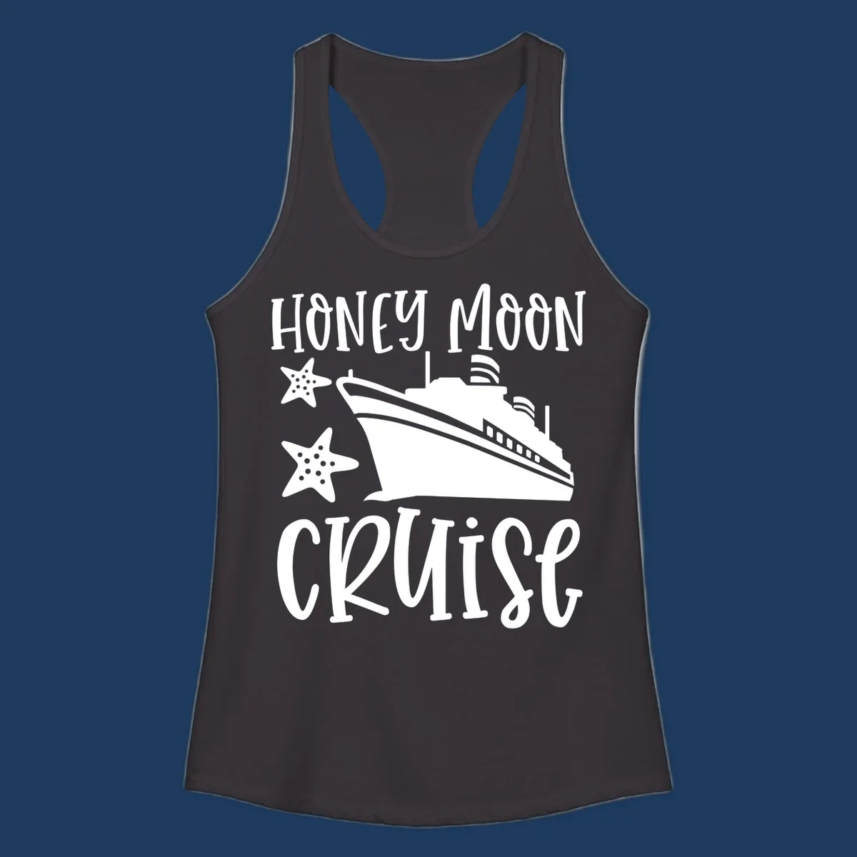 Honey moon cruise design with white cruise ship and starfish on gray background