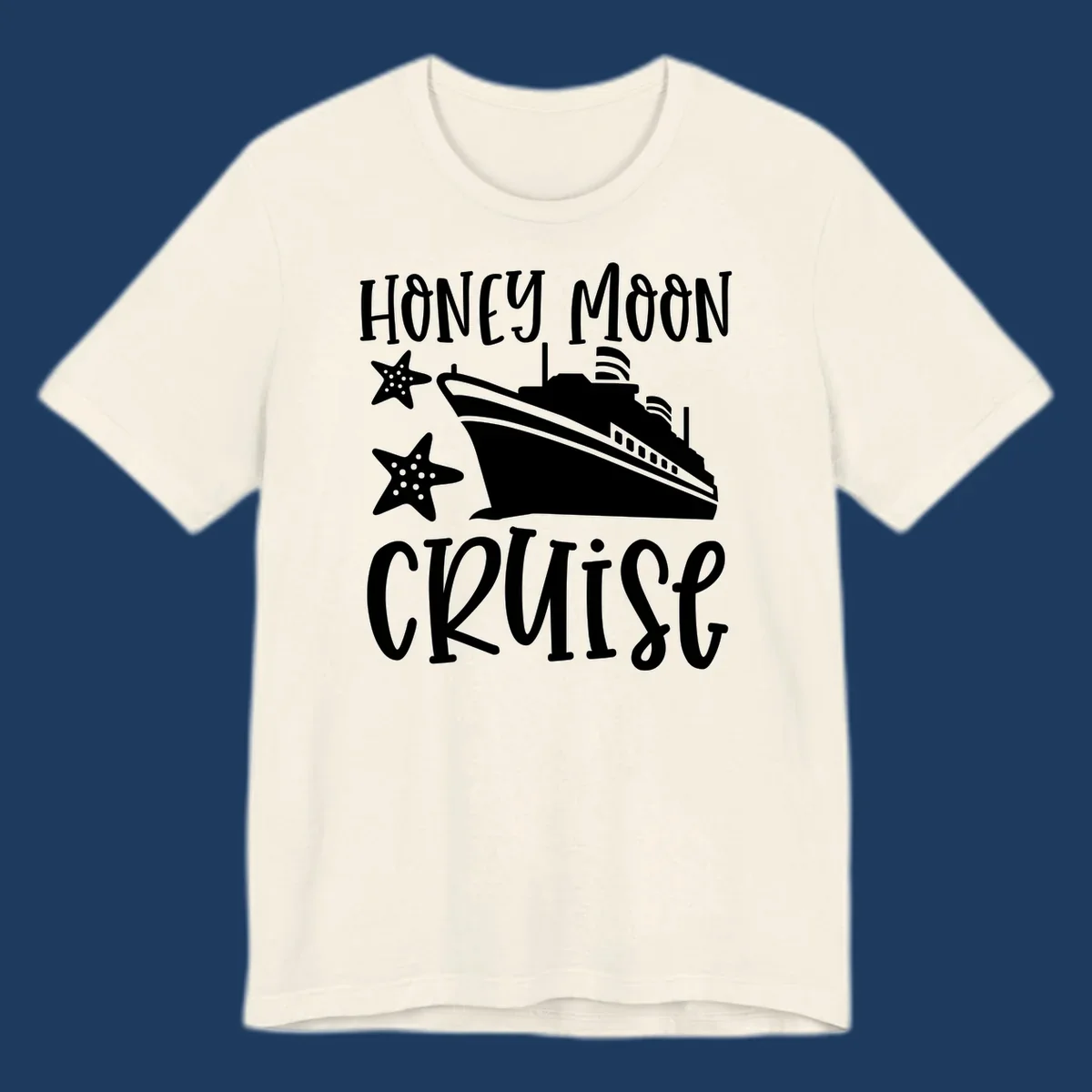 Honey moon cruise design with white cruise ship and starfish on gray background