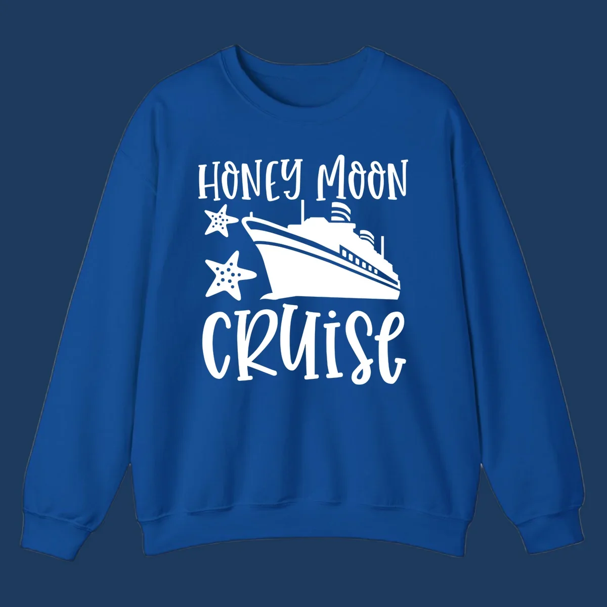 Honey moon cruise design with white cruise ship and starfish on gray background