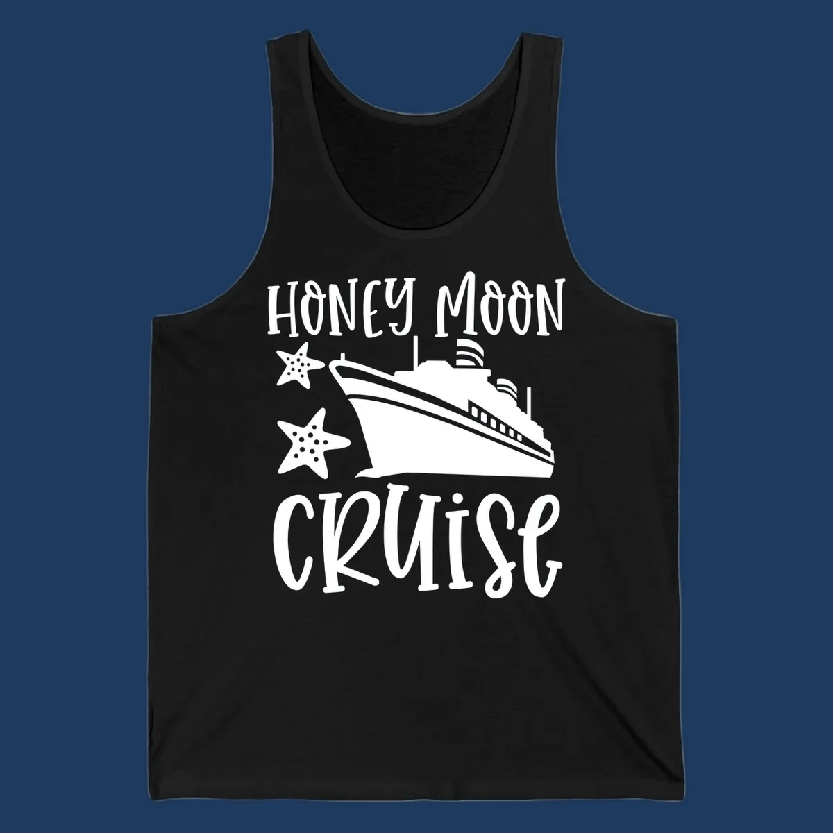 Honey moon cruise design with white cruise ship and starfish on gray background