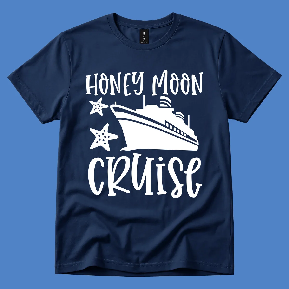 Honey moon cruise design with white cruise ship and starfish on gray background