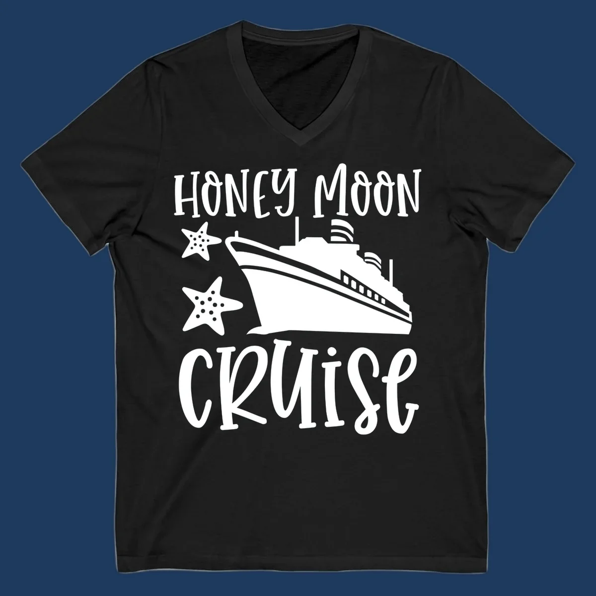 Honey moon cruise design with white cruise ship and starfish on gray background