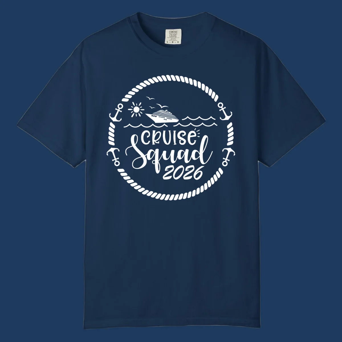 Cruise Squad 2026 circular badge design with ship, sun, seagulls, waves, anchors and rope border on gray background