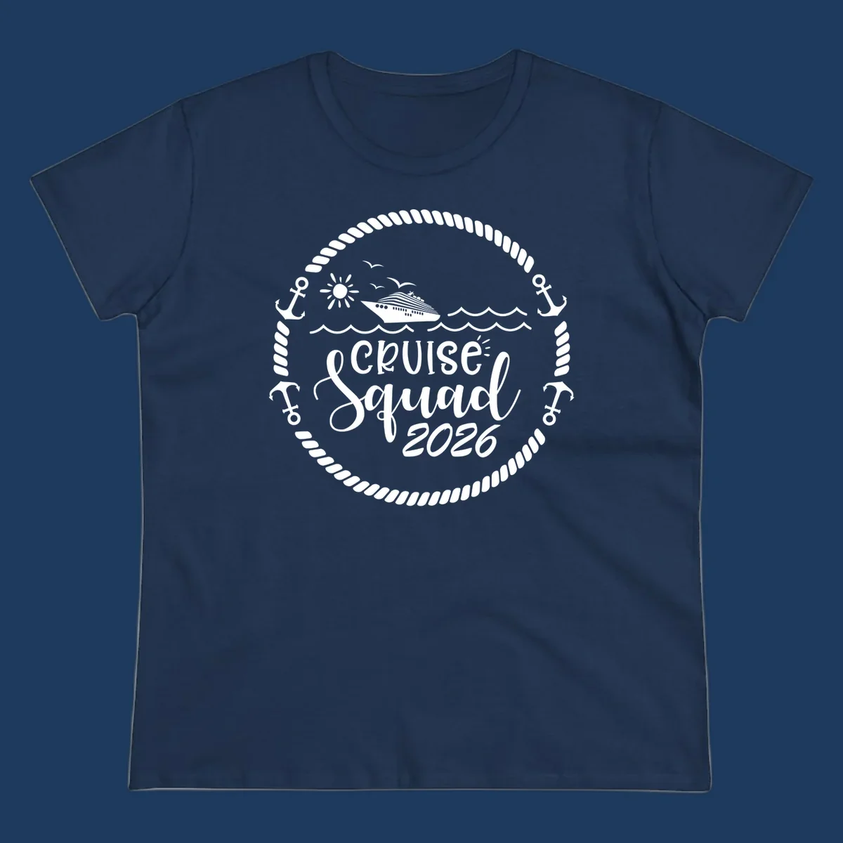 Cruise Squad 2026 circular badge design with ship, sun, seagulls, waves, anchors and rope border on gray background