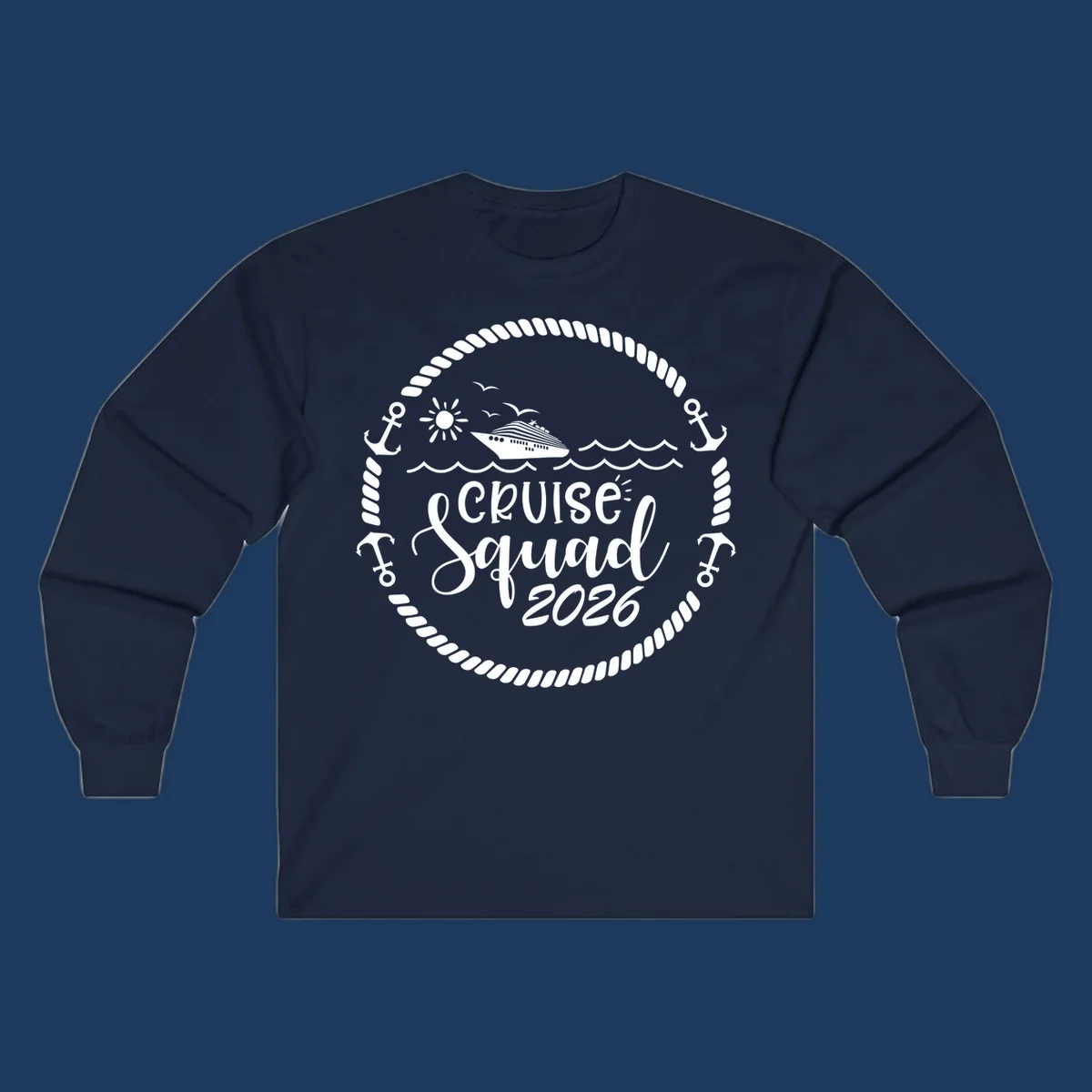 Cruise Squad 2026 circular badge design with ship, sun, seagulls, waves, anchors and rope border on gray background