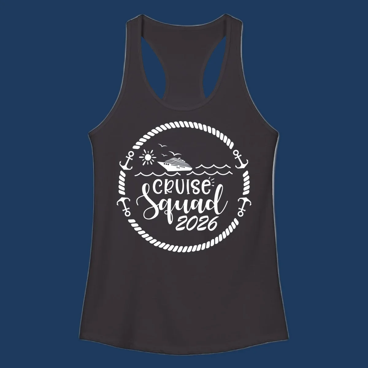 Cruise Squad 2026 circular badge design with ship, sun, seagulls, waves, anchors and rope border on gray background