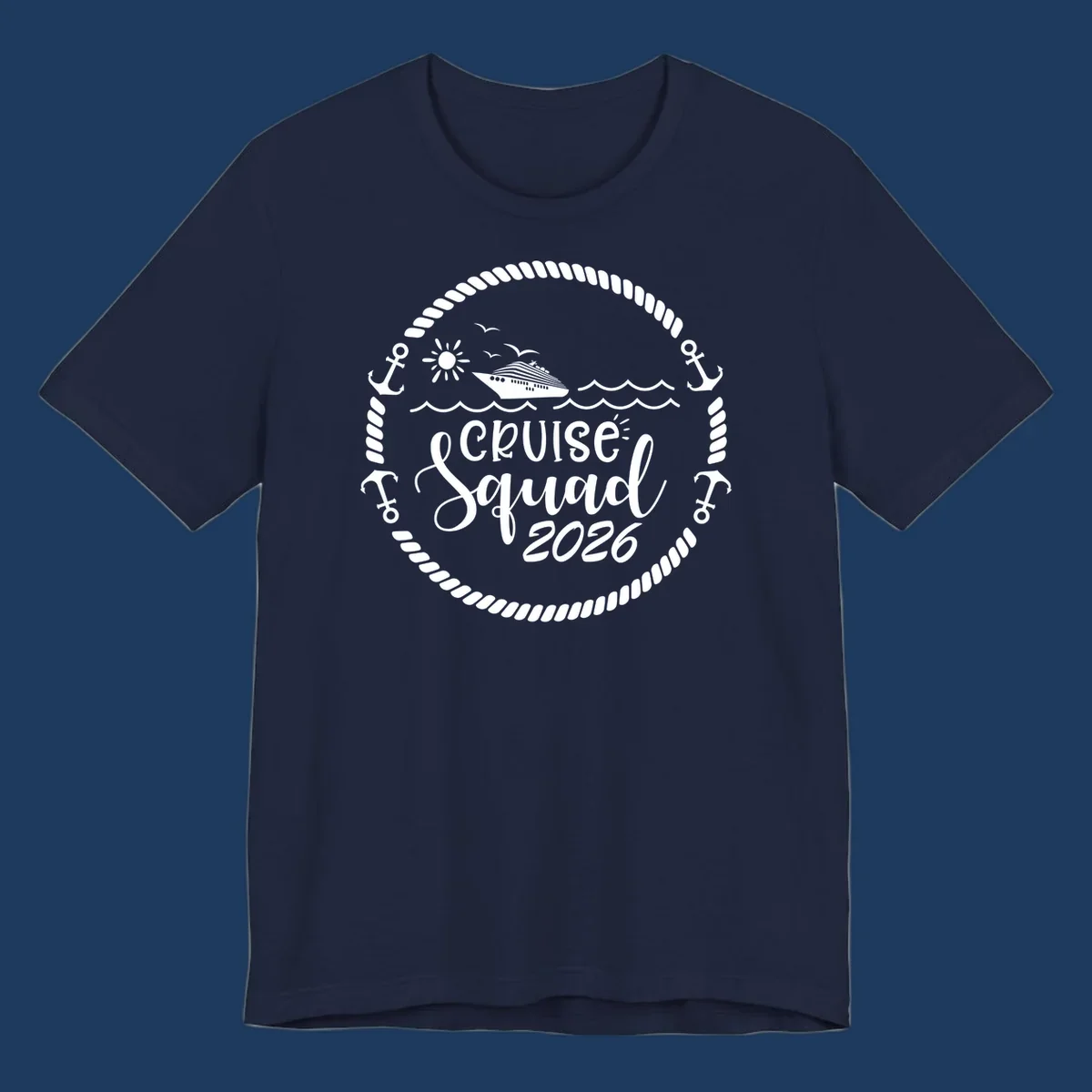 Cruise Squad 2026 circular badge design with ship, sun, seagulls, waves, anchors and rope border on gray background