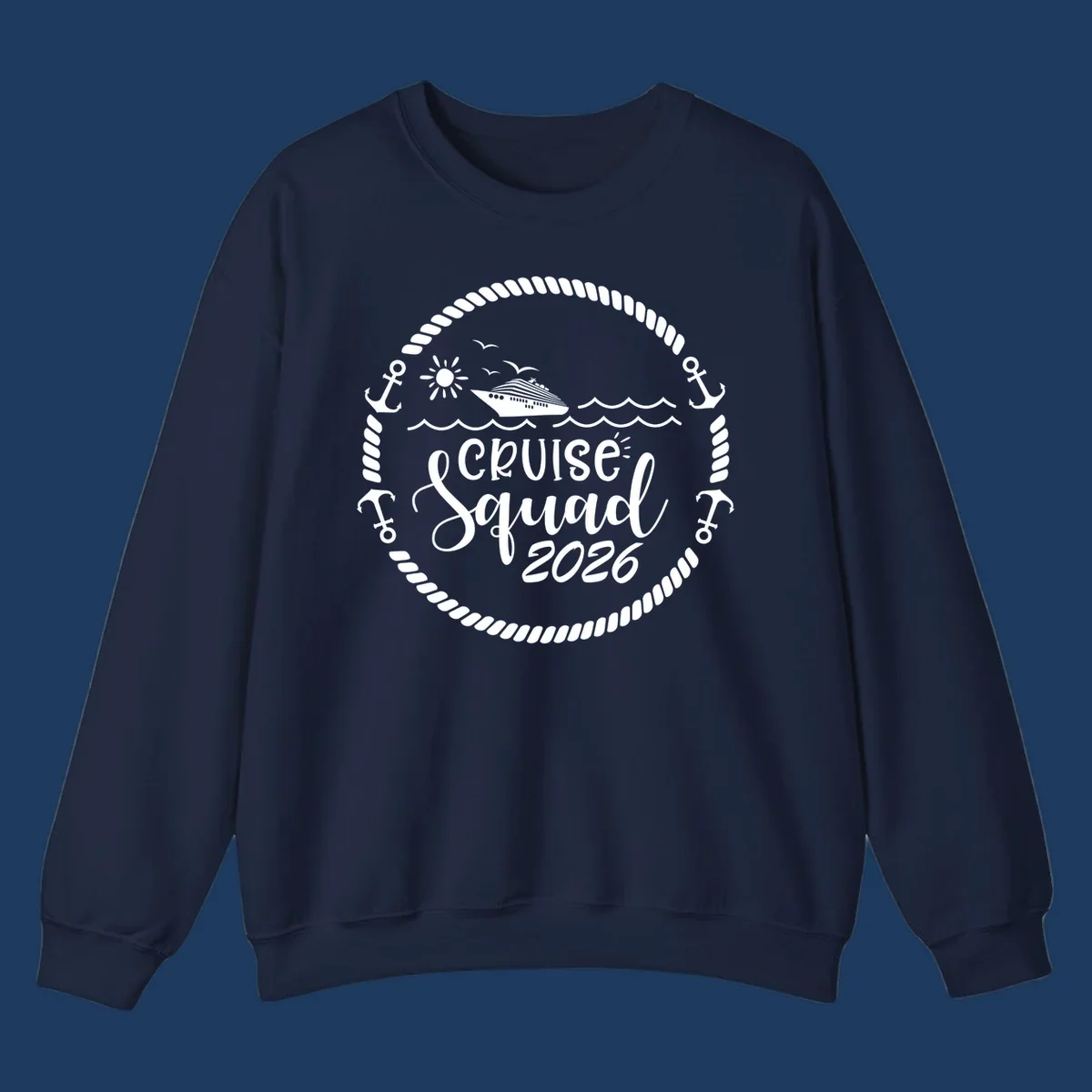 Cruise Squad 2026 circular badge design with ship, sun, seagulls, waves, anchors and rope border on gray background