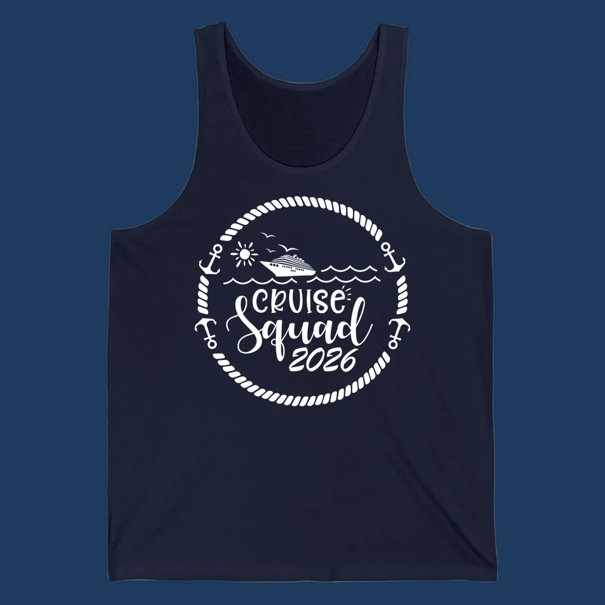 Cruise Squad 2026 circular badge design with ship, sun, seagulls, waves, anchors and rope border on gray background