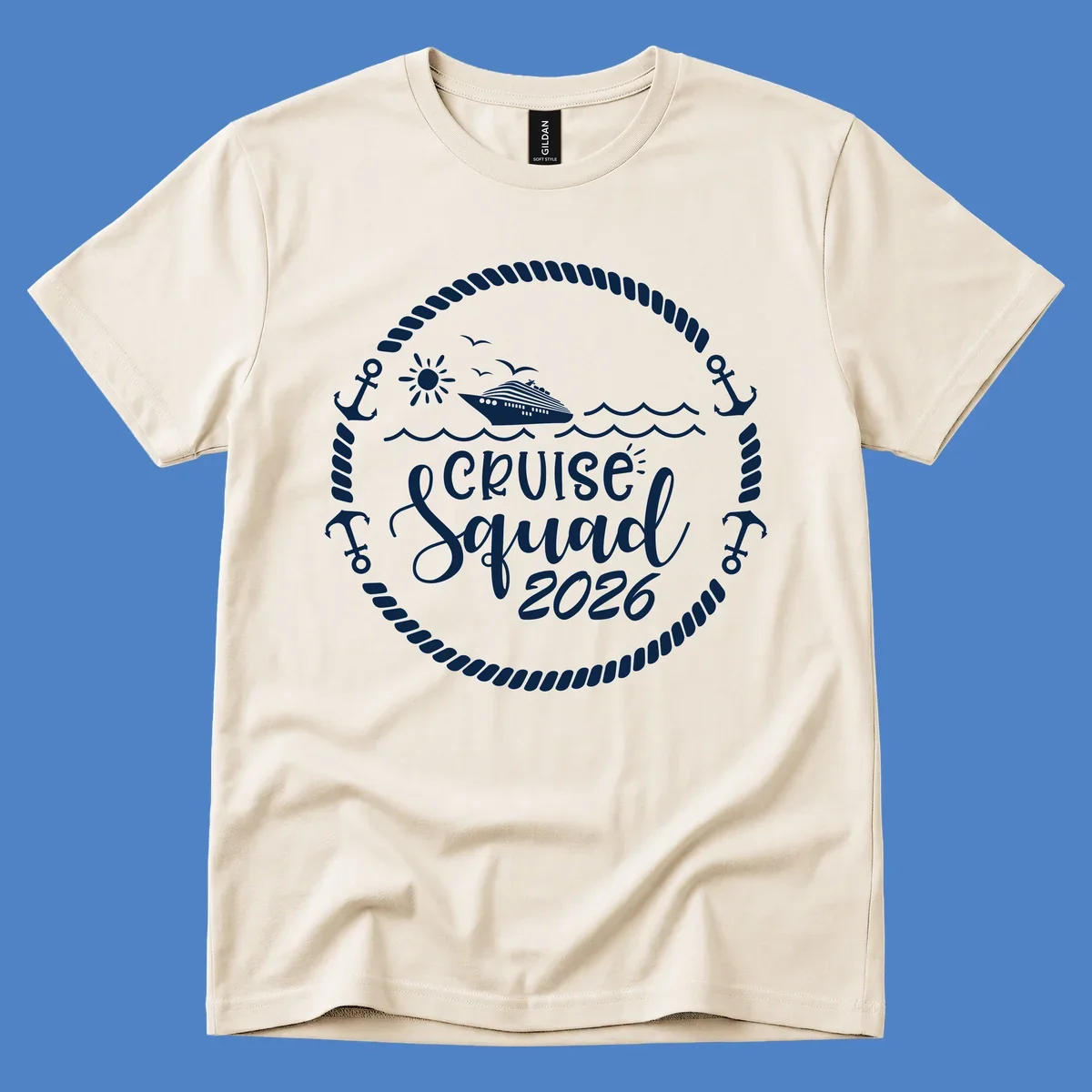 Cruise Squad 2026 circular badge design with ship, sun, seagulls, waves, anchors and rope border on gray background
