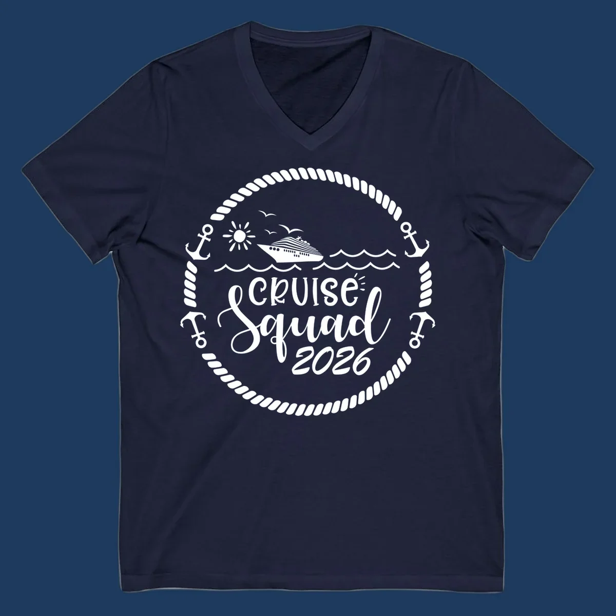 Cruise Squad 2026 circular badge design with ship, sun, seagulls, waves, anchors and rope border on gray background