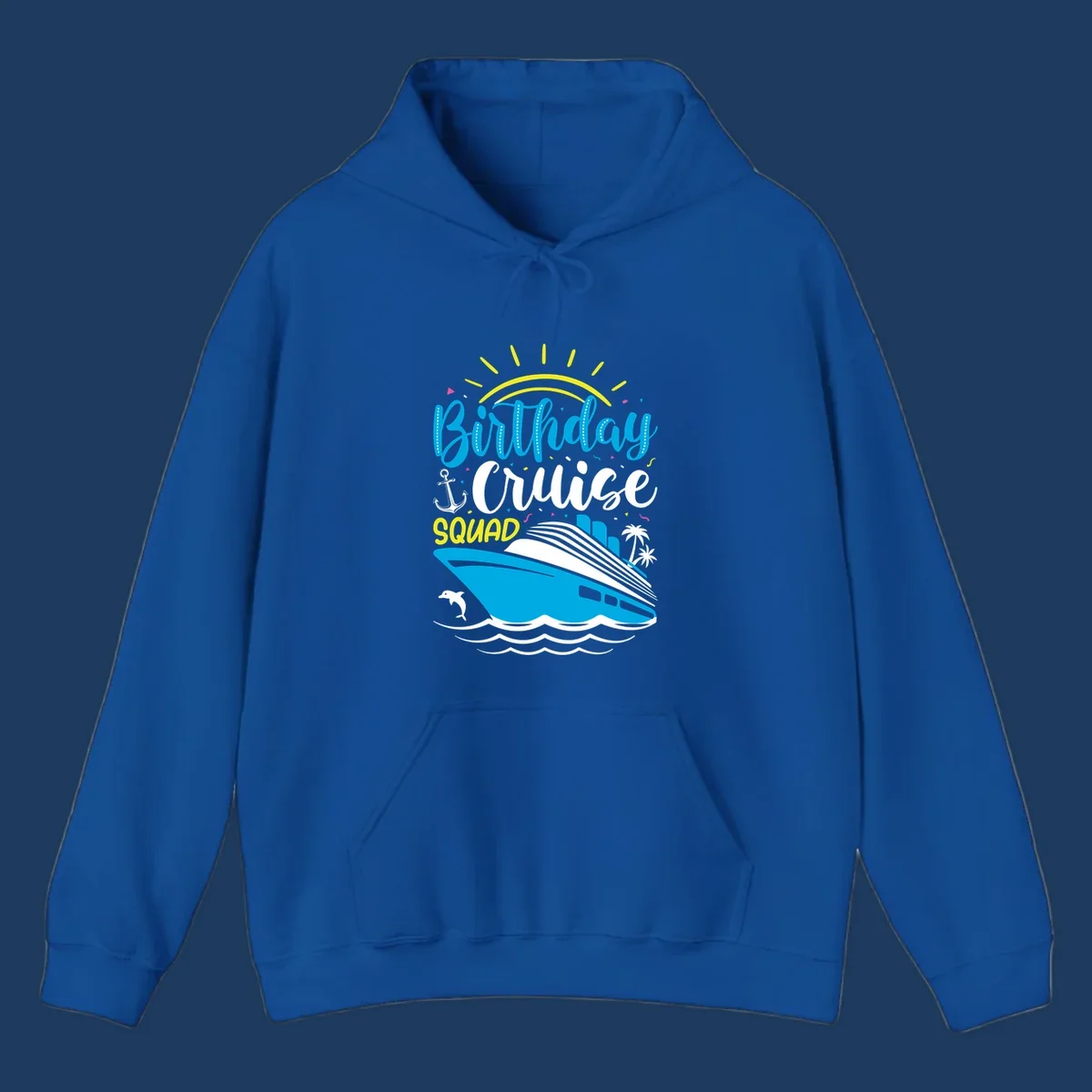 Birthday Cruise Squad design with cruise ship, sun, anchor, dolphin, and palm trees on gray background