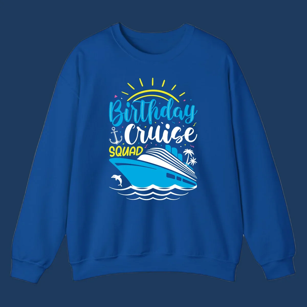 Birthday Cruise Squad design with cruise ship, sun, anchor, dolphin, and palm trees on gray background