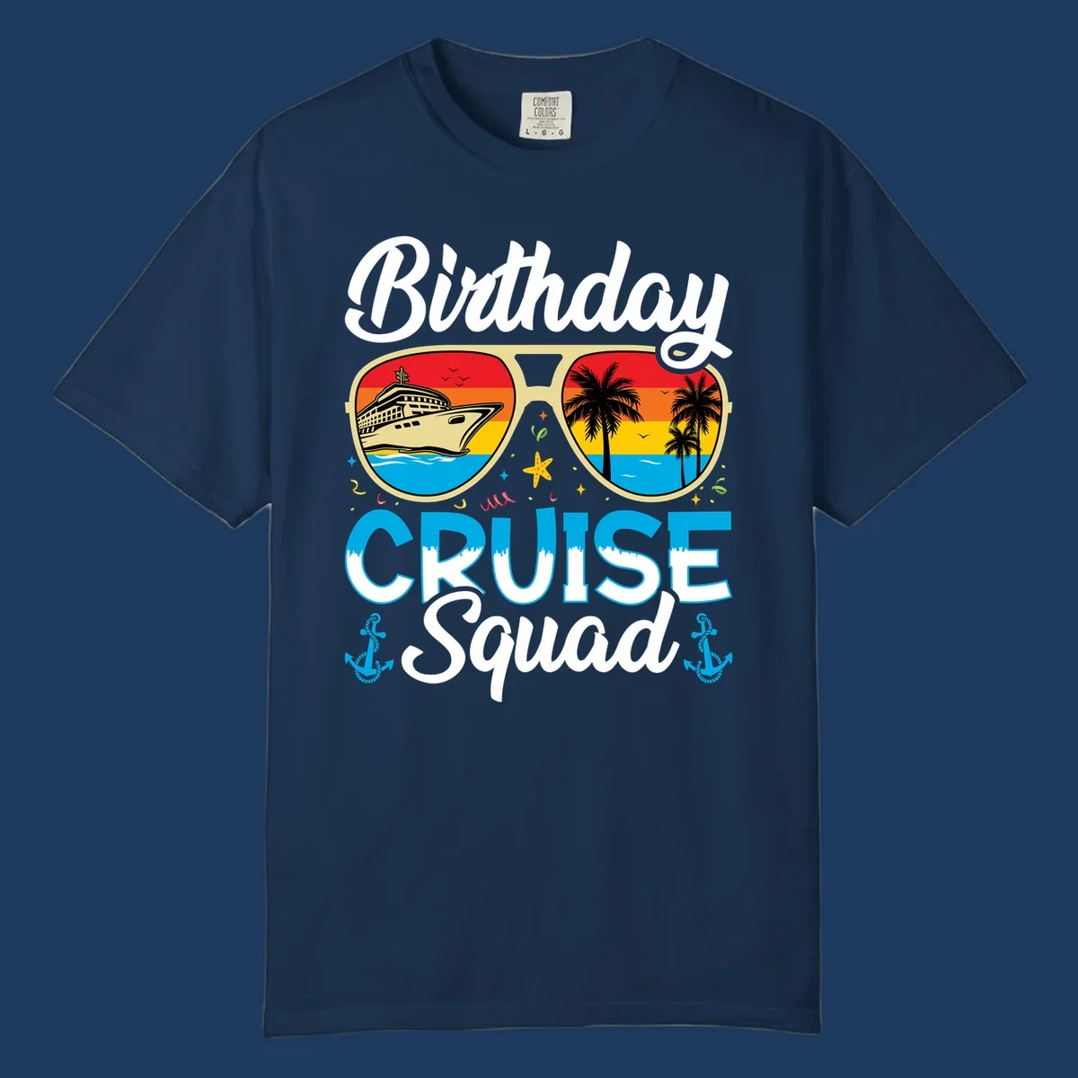 Birthday Cruise Squad design featuring oversized sunglasses with cruise ship and tropical palm tree sunset scenes