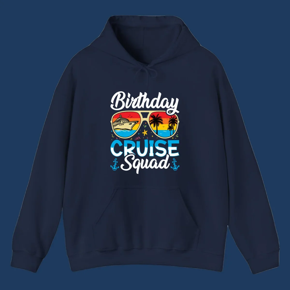 Birthday Cruise Squad design featuring oversized sunglasses with cruise ship and tropical palm tree sunset scenes
