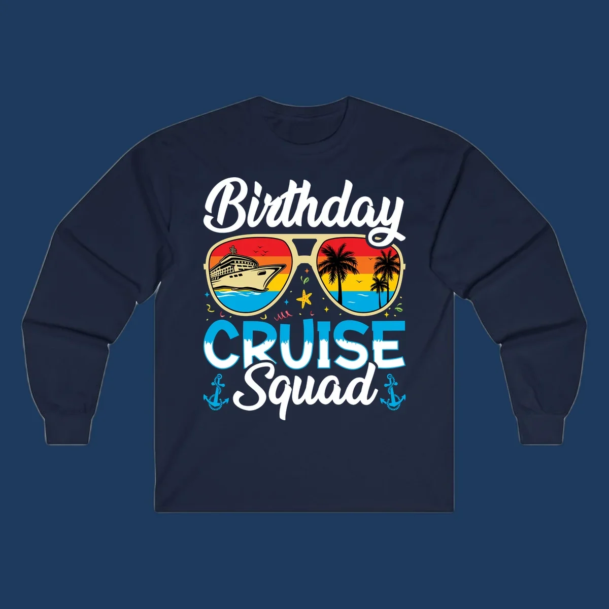 Birthday Cruise Squad design featuring oversized sunglasses with cruise ship and tropical palm tree sunset scenes
