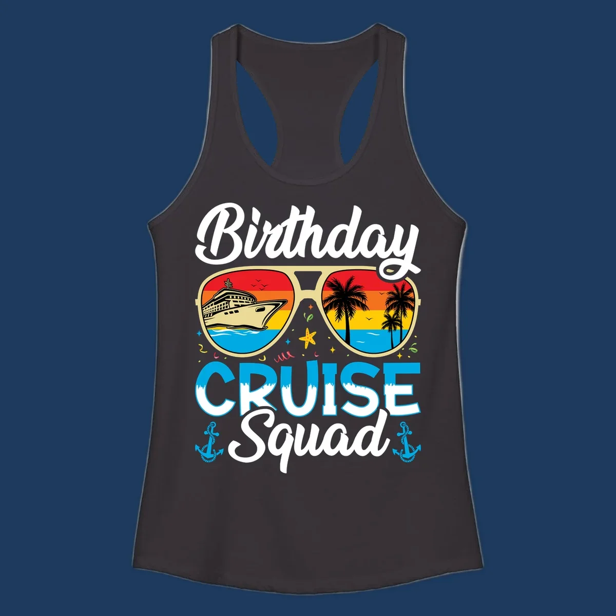 Birthday Cruise Squad design featuring oversized sunglasses with cruise ship and tropical palm tree sunset scenes