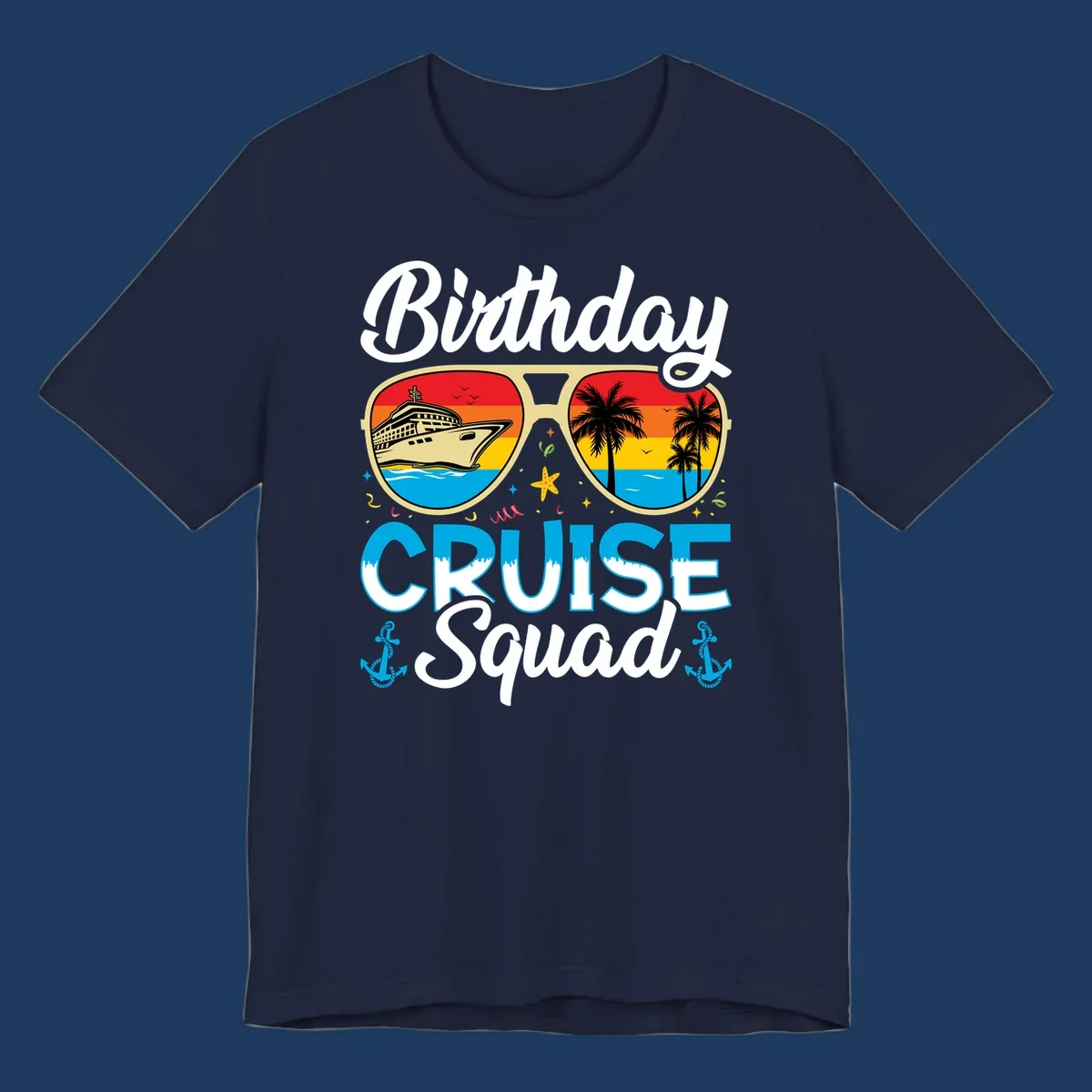 Birthday Cruise Squad design featuring oversized sunglasses with cruise ship and tropical palm tree sunset scenes