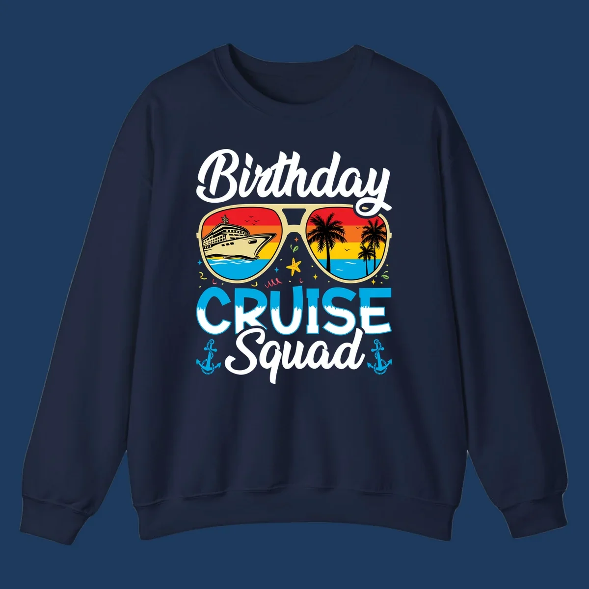 Birthday Cruise Squad design featuring oversized sunglasses with cruise ship and tropical palm tree sunset scenes