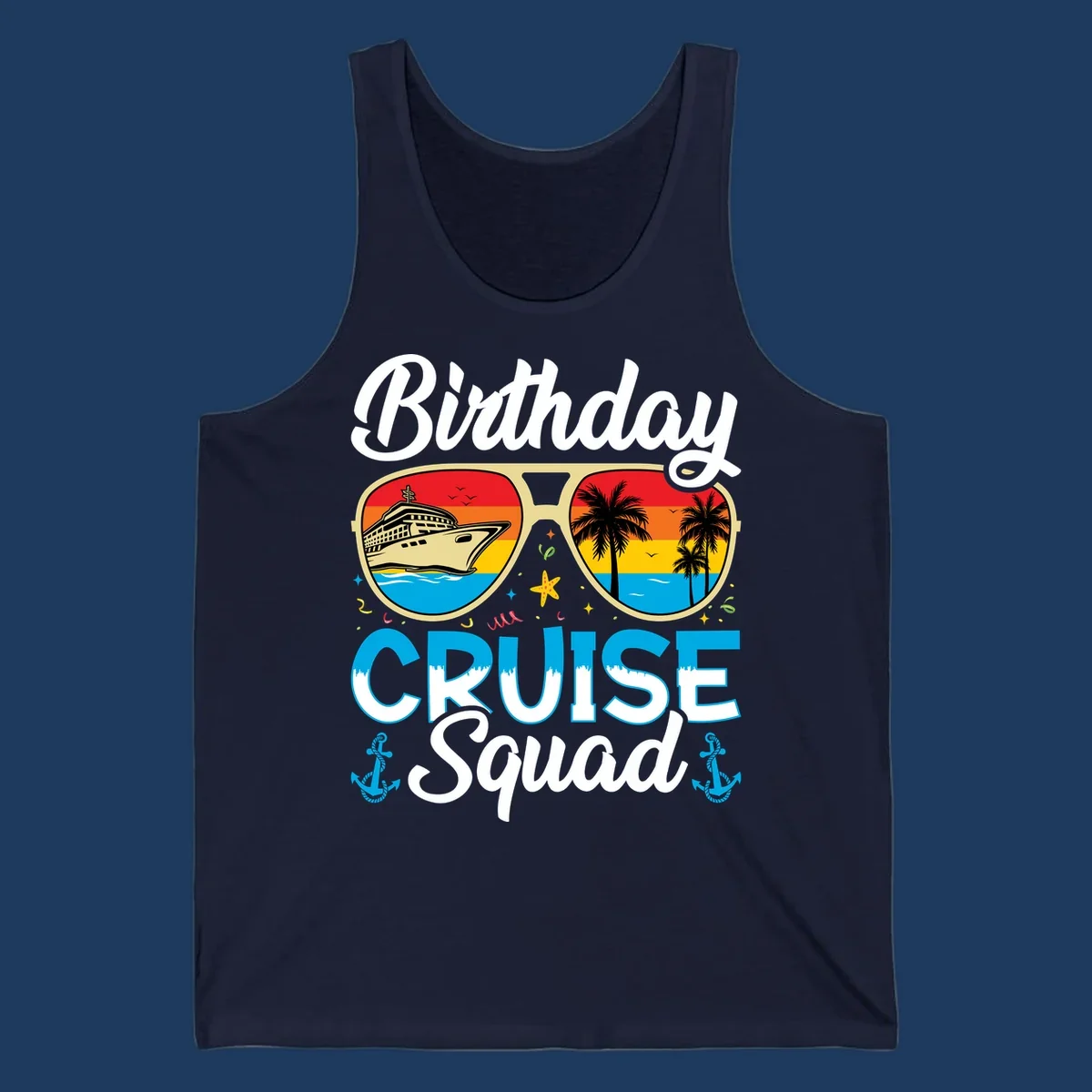 Birthday Cruise Squad design featuring oversized sunglasses with cruise ship and tropical palm tree sunset scenes