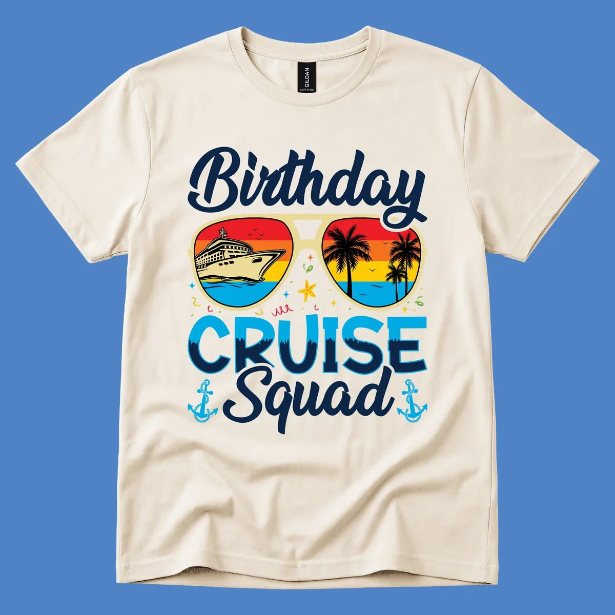 Birthday Cruise Squad design featuring oversized sunglasses with cruise ship and tropical palm tree sunset scenes