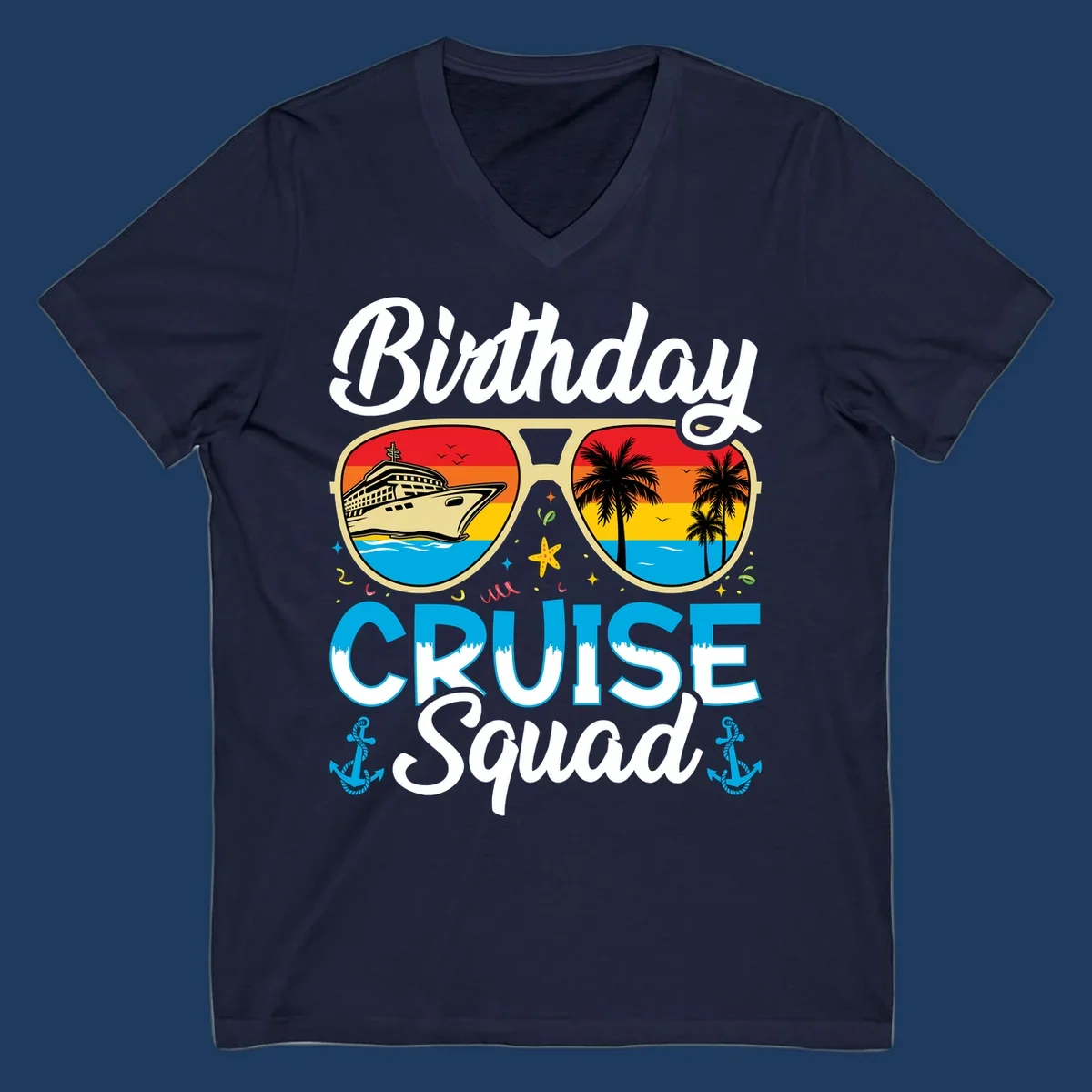 Birthday Cruise Squad design featuring oversized sunglasses with cruise ship and tropical palm tree sunset scenes