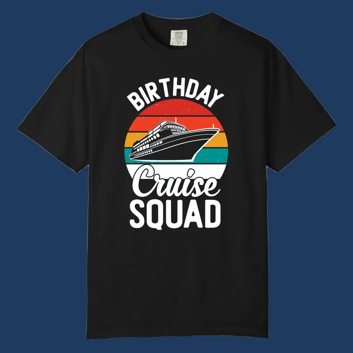 Retro vintage sunset design with cruise ship and 'Birthday Cruise Squad' text in white and bold lettering