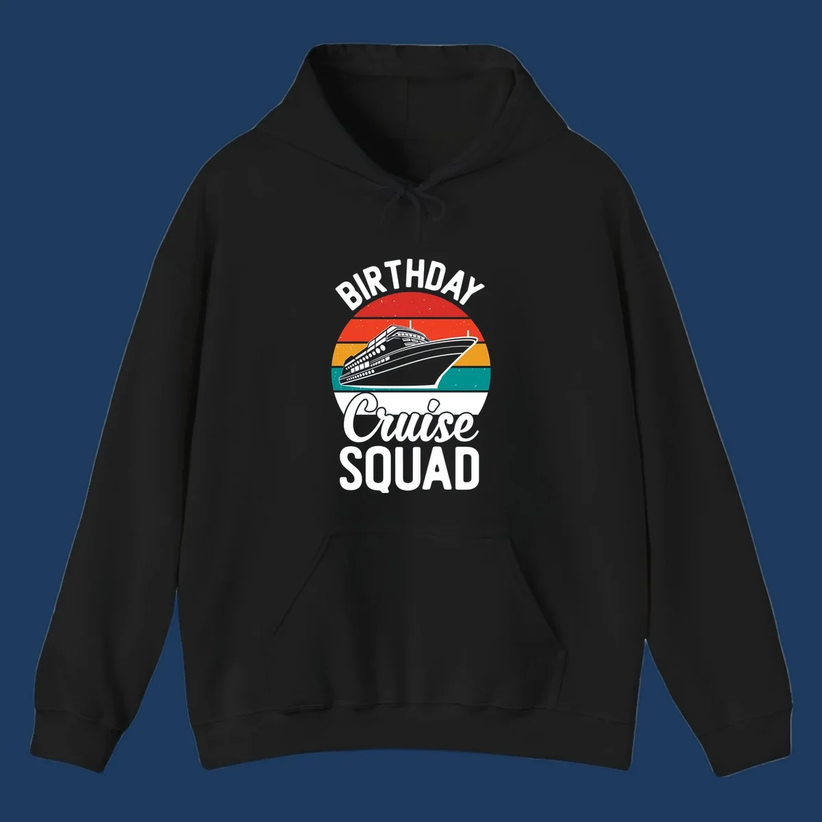 Retro vintage sunset design with cruise ship and 'Birthday Cruise Squad' text in white and bold lettering