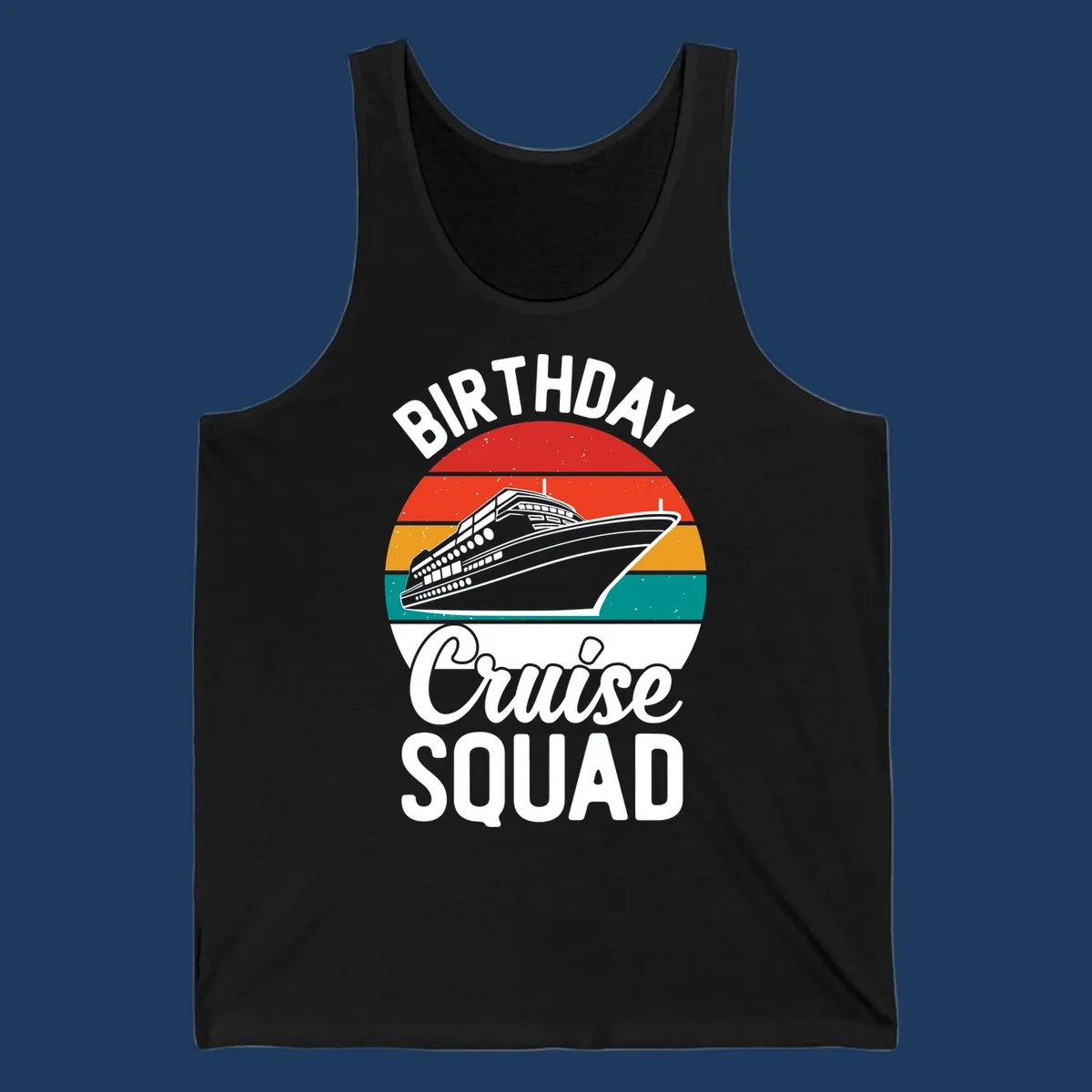 Retro vintage sunset design with cruise ship and 'Birthday Cruise Squad' text in white and bold lettering
