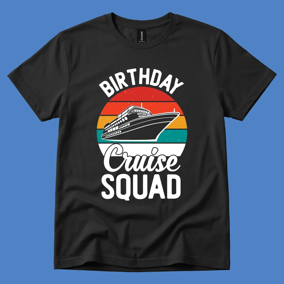 Retro vintage sunset design with cruise ship and 'Birthday Cruise Squad' text in white and bold lettering