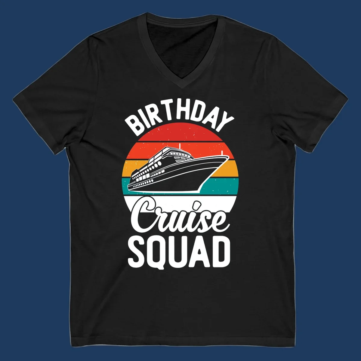Retro vintage sunset design with cruise ship and 'Birthday Cruise Squad' text in white and bold lettering