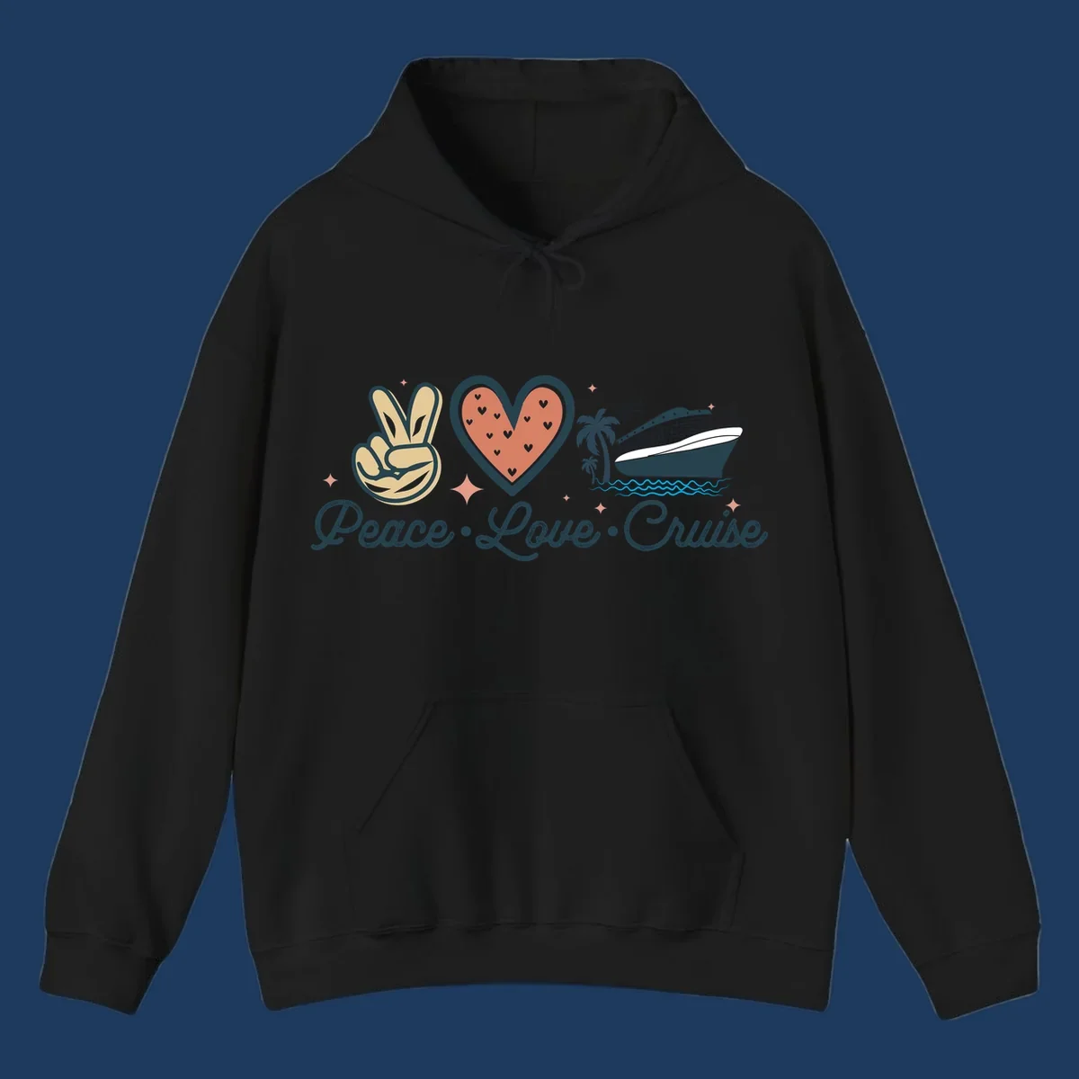Retro peace love cruise design with peace sign, heart, and ship illustration on gray background