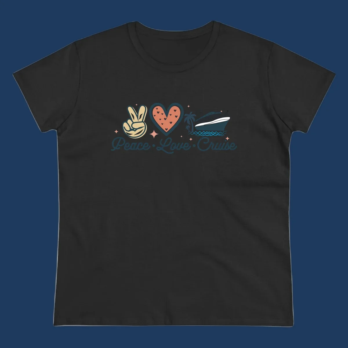 Retro peace love cruise design with peace sign, heart, and ship illustration on gray background
